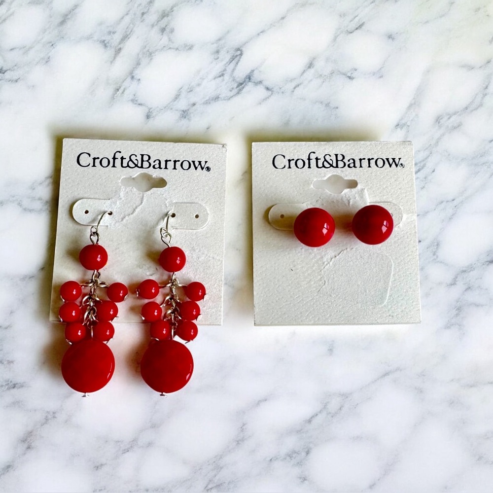 Chandelier Dangle / Stud Earrings Red Silver Drop Holiday Christmas NEW 2 Pairs